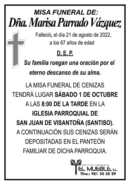 MISA FUNERAL DE CENIZAS DE DÑA. MARISA PARRADO VÁZQUEZ.