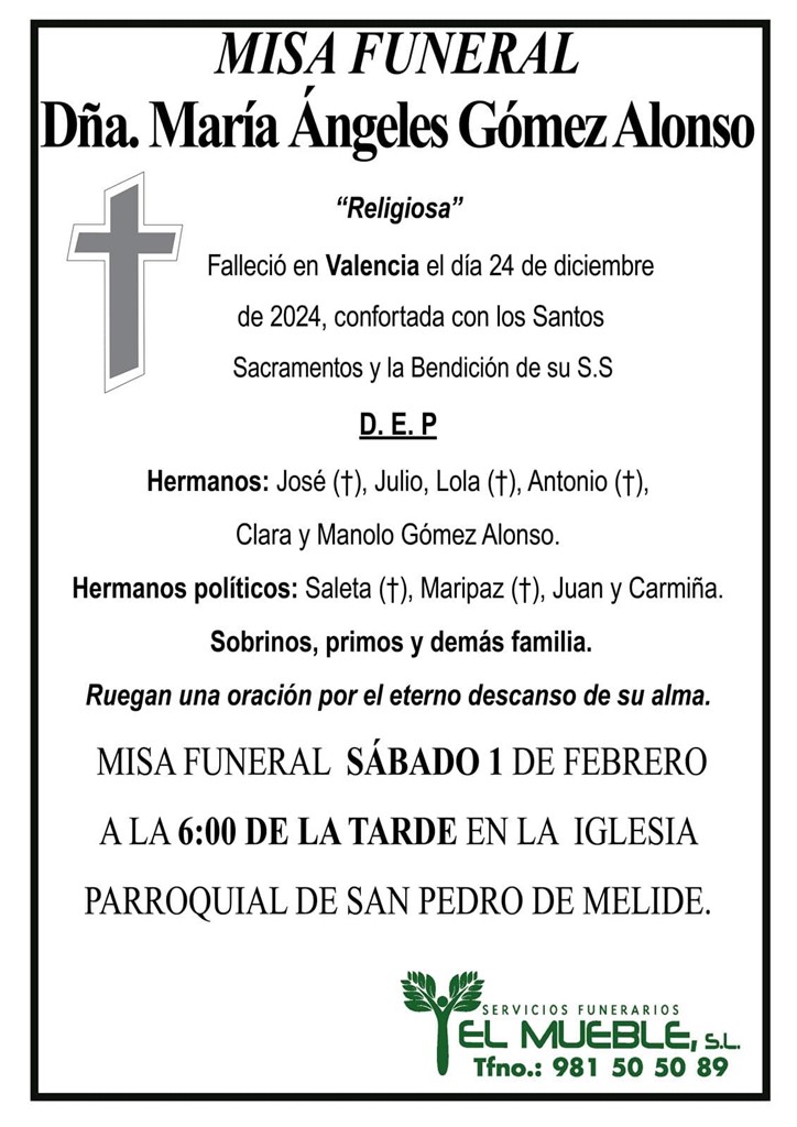 Misa funeral de Dña. Mª Ángeles Gómez Alonso.