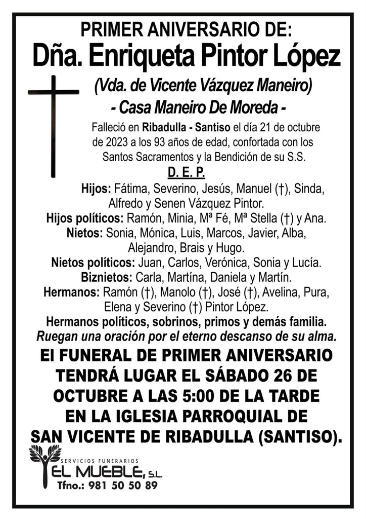 Primer aniversario de Dña. Enriqueta Pintor López.