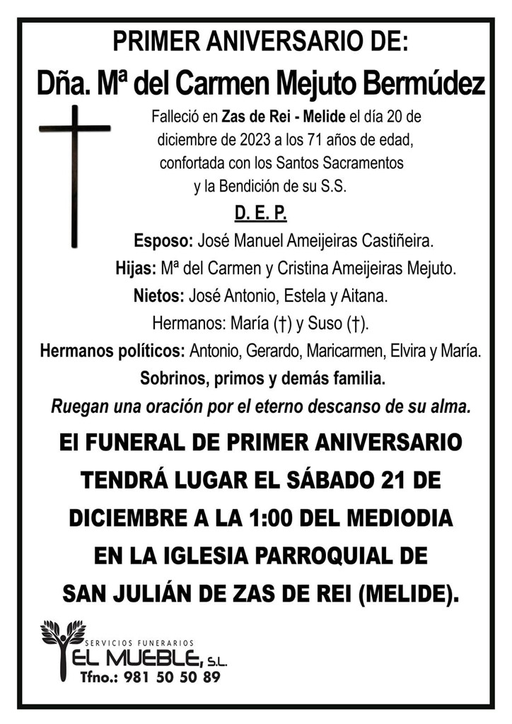 Primer aniversario de Dña. Mª del Carmen Mejuto Bermúdez.