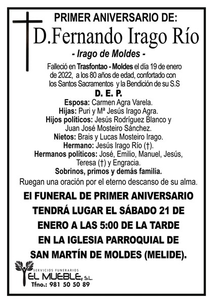 PRIMER ANIVERSARIO DE D. FERNANDO IRAGO RÍO.