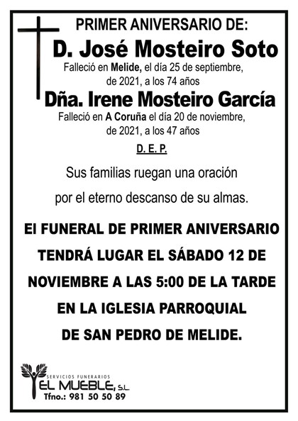 PRIMER ANIVERSARIO DE D. JOSÉ MOSTEIRO SOTO E IRENE MOSTEIRO GARCÍA.