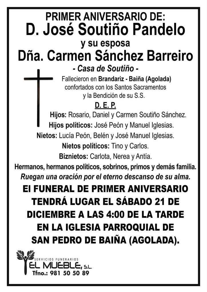 Primer aniversario de D. José Soutiño Pandelo y su esposa Dña. Carmen Sánchez Barreiro.