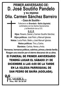 Primer aniversario de D. José Soutiño Pandelo y su esposa Dña. Carmen Sánchez Barreiro.