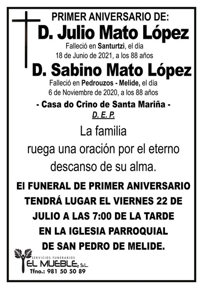 PRIMER ANIVERSARIO DE D. JULIO Y SABINO MATO LÓPEZ.