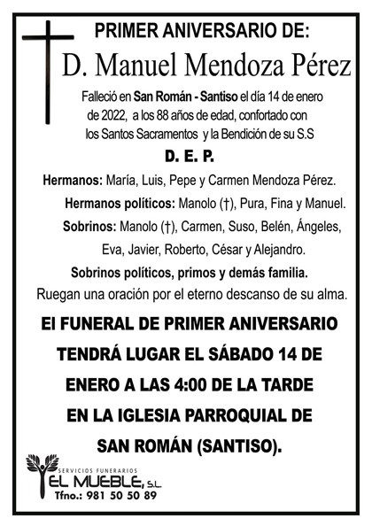 PRIMER ANIVERSARIO DE D. MANUEL MENDOZA PÉREZ.