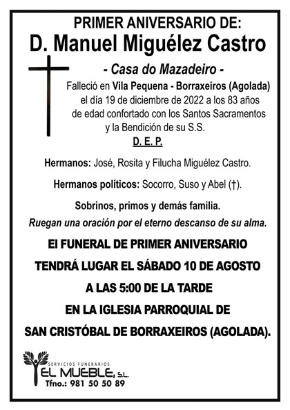 Primer aniversario de D. Manuel Miguelez Castro.