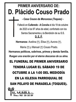 Primer aniversario de D. Plácido Couso Prado.