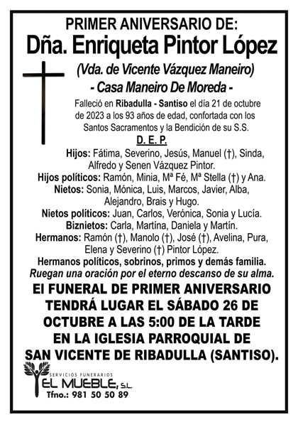 Primer aniversario de Dña. Enriqueta Pintor López.