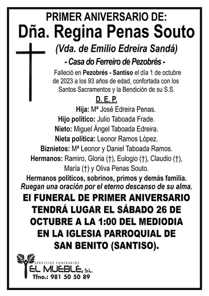 Primer anivversario de Dña. Regina Penas Souto.